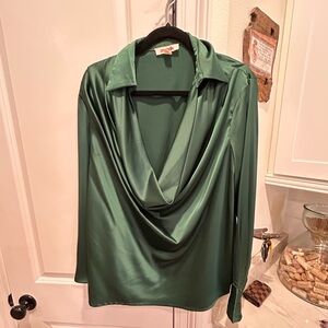 Satin blouse. Dark green cowl neck. Size 14